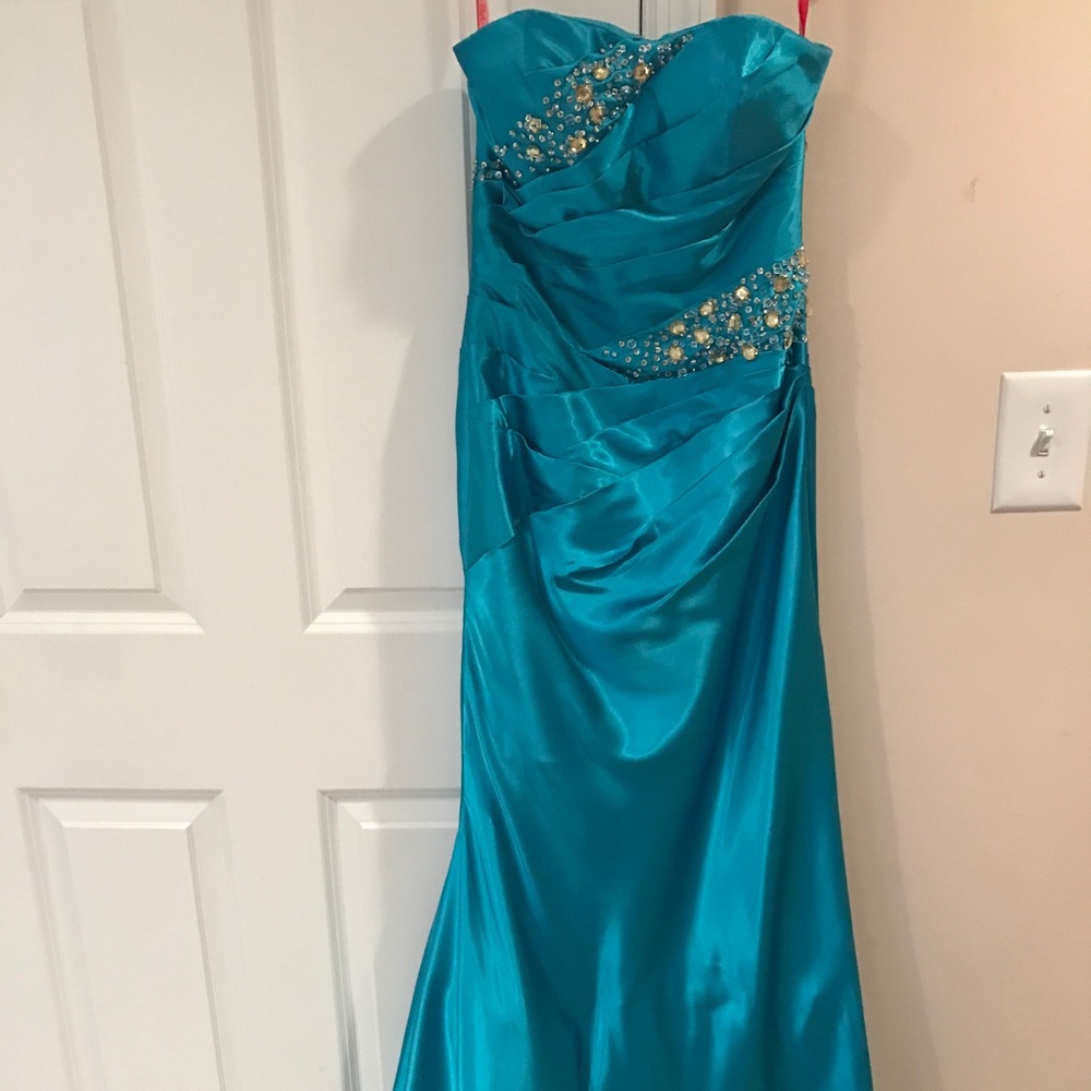Strapless satin prom dress with beading detail